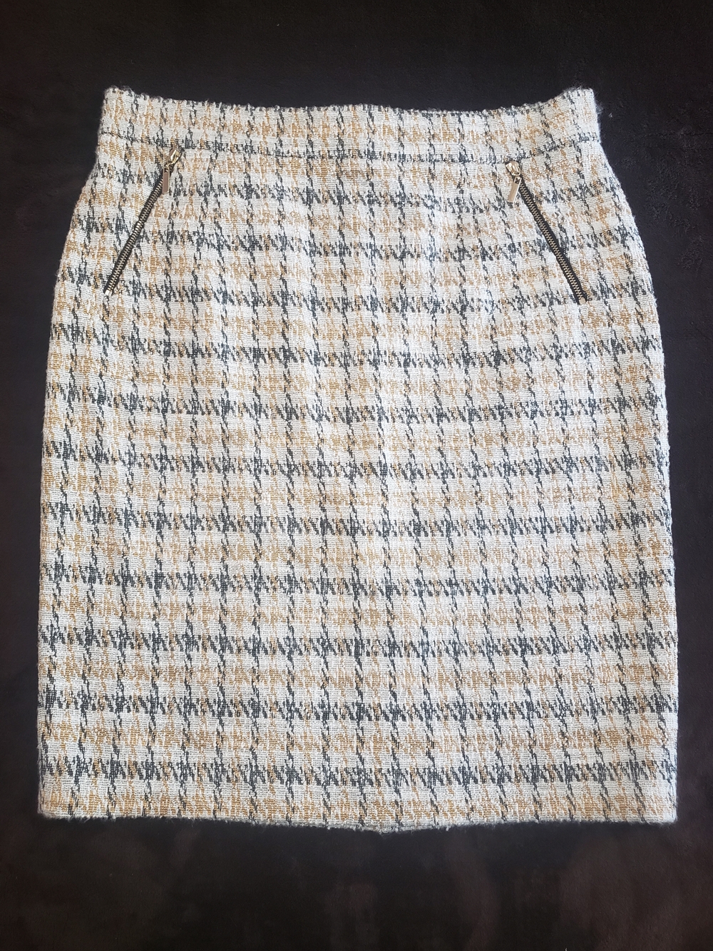 Kasper Tweed Pencil Skirt in Cream, Tan and Black Plaid
